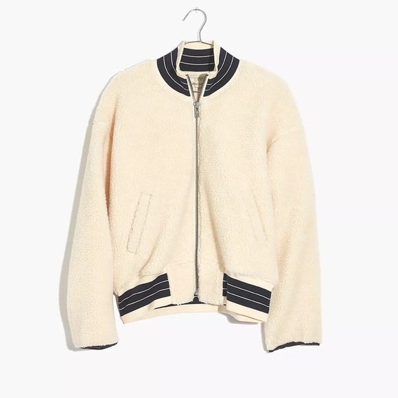 Madewell Sherpa Varsity Bomber Jacket Boxy Teddy Cream Small - Picture 9 of 9